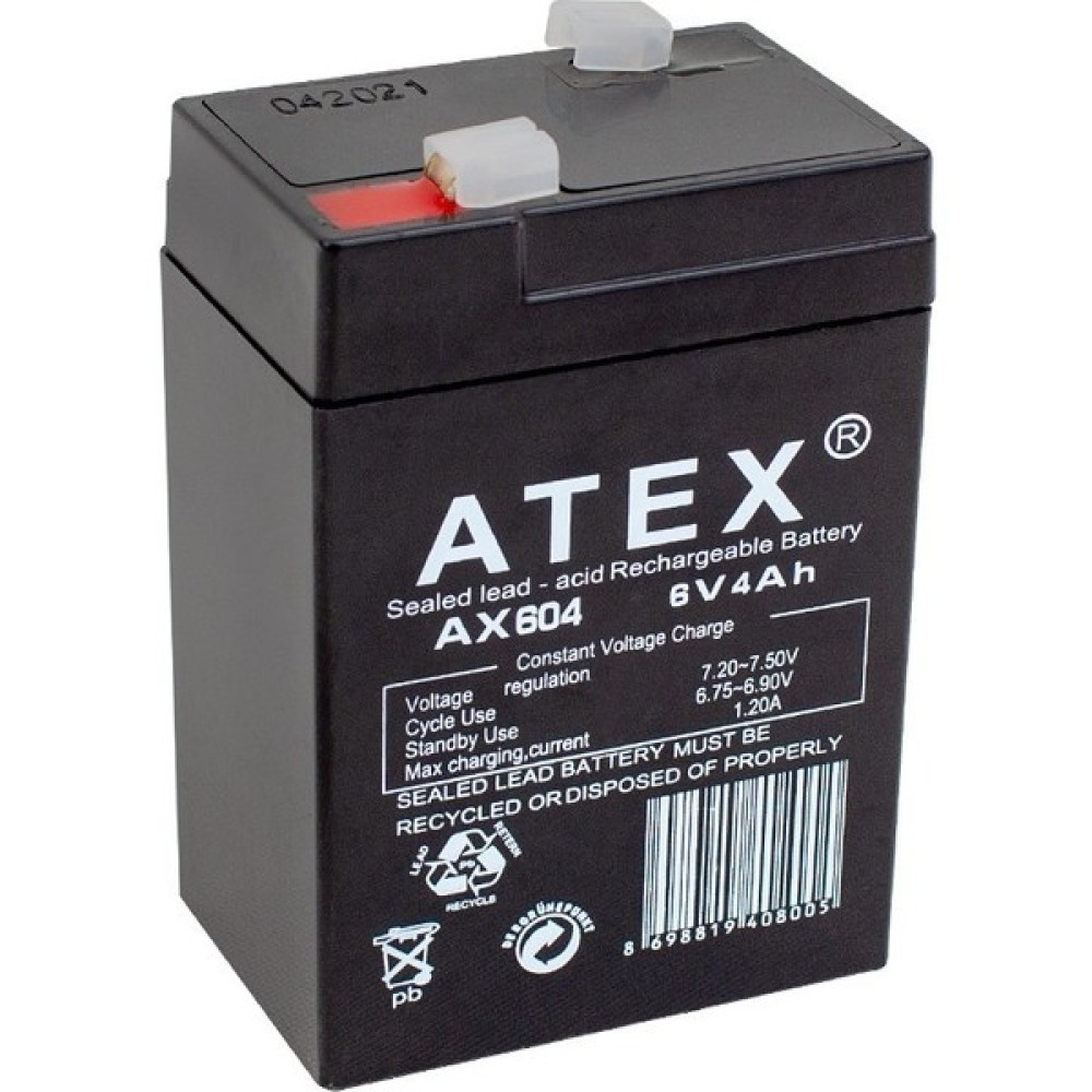 Atex Akü 6 Volt 4 Amper Atex AX-604 ( 70 x 48 x 101 mm ) (Işıldak Aküsü) 12 V 1 Ah Akü Fiyatı