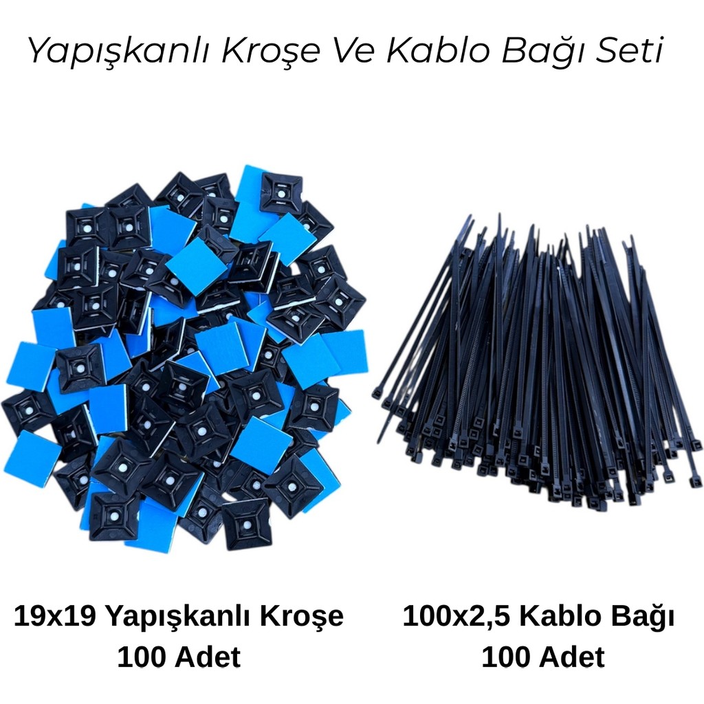 Atx Yapışkanlı Kroşe Kablo Bağı Seti Kablo Klipsi Seti 200 Parça Set - Siyah Diğer Fiyatı