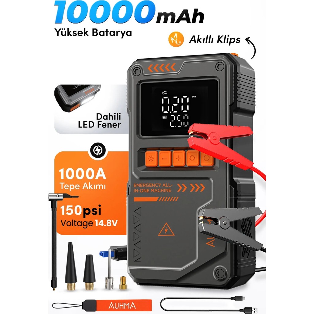 Auhma A8822 4-In-1 Akıllı Akü Takviye Cihazı ve Hava Pompası - 10000MAH Powerbank & Sos Fener Taşınabilir Şarj Cihazı - Powerbank Fiyatı