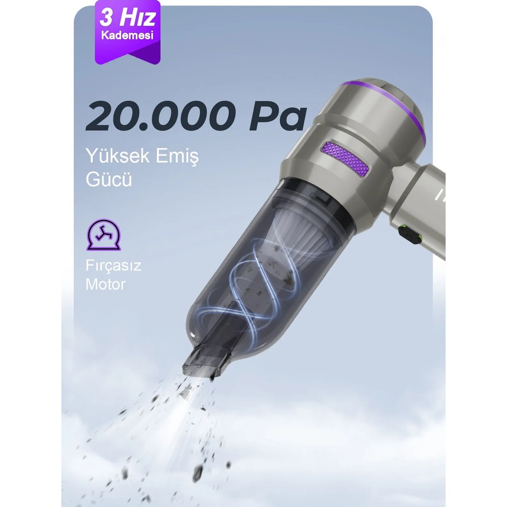 Auhma Ahv-02 Kablosuz Araç Içi Süpürge Mor | 17000PA Güçlü Vakum | Fırçasız Motor | Üfleme & Vakum Özellikli | 9 Başlık + Type-C Kablo Elektrikli Süpürge Aksesuarları Fiyatı