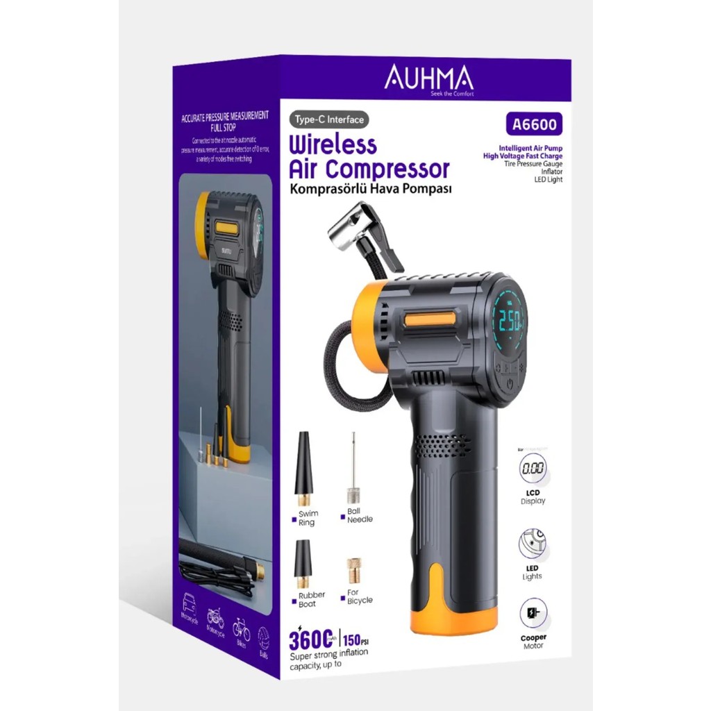 Auhma Oto Lastik Pompası Hava Kompresörü Araç/ Motosiklet/ Bisiklet Tekerlek Pompası Şarjlı LED Ekranlı Bisikletler Fiyatı