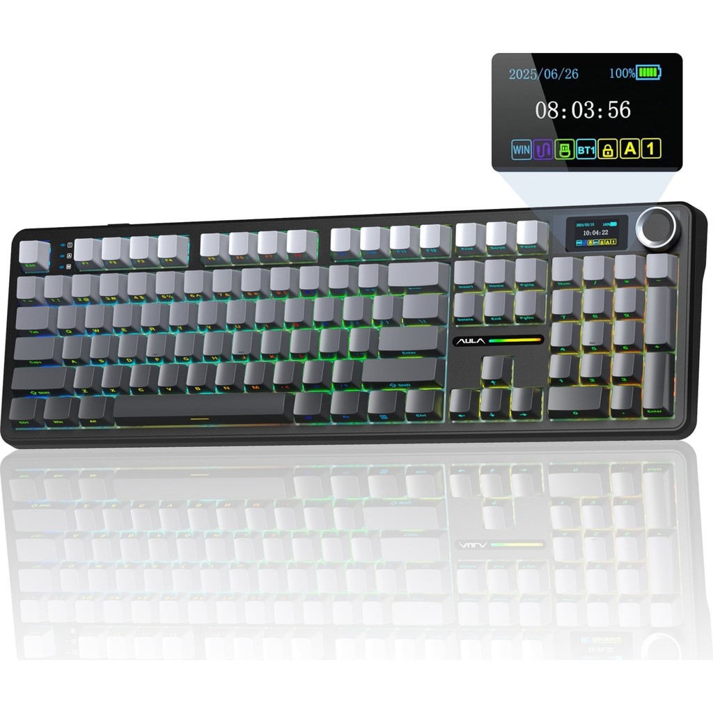Aula F108 Pro Ekranlı Mekanik Klavye Zephyr Switch RGB Hot Swap 8000mAh Makrolu Oyuncu Klavyesi Gri Klavye - Mouse Fiyatı