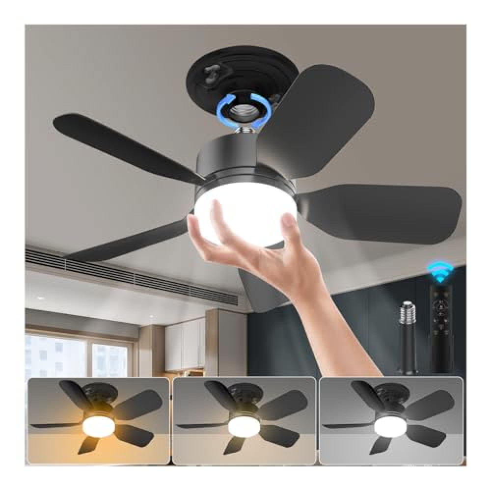 aupuslite 20" Socket Fan Light with Remote, 30W Socket Ceiling Fan 2000 Lumens, 3 Colors Light 3000-6000K 6 Speed Wind Setting Light Bulb Fan for Bedroom, Living Room, Kitchen, Laundry Room, Garage