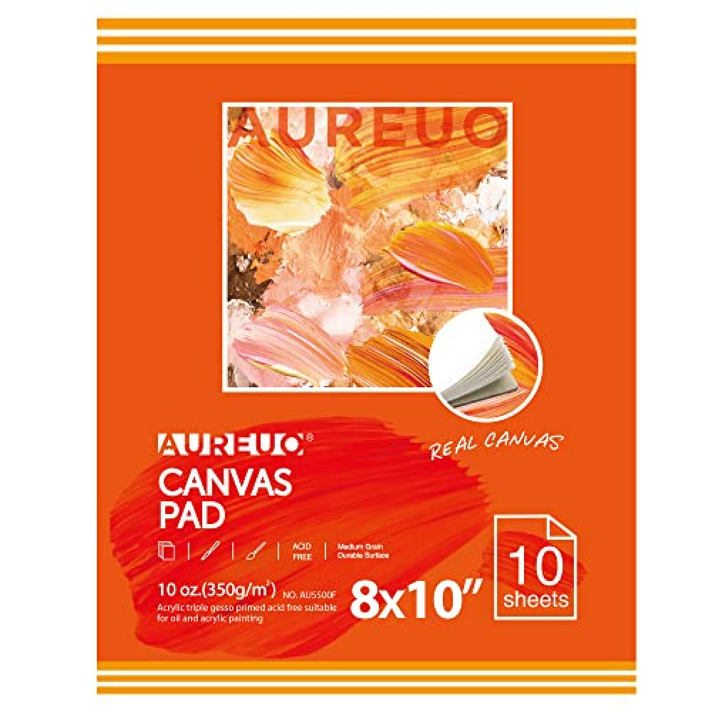 AUREUO Canvas Pad for Painting 10 Sheets, 10 Oz. - 8x10 Inch, 1 Pack - Triple Primed Glue Bound Cotton Canvas Paper for Oil and Acrylic Paints Art Supply for Mixed Media Painting