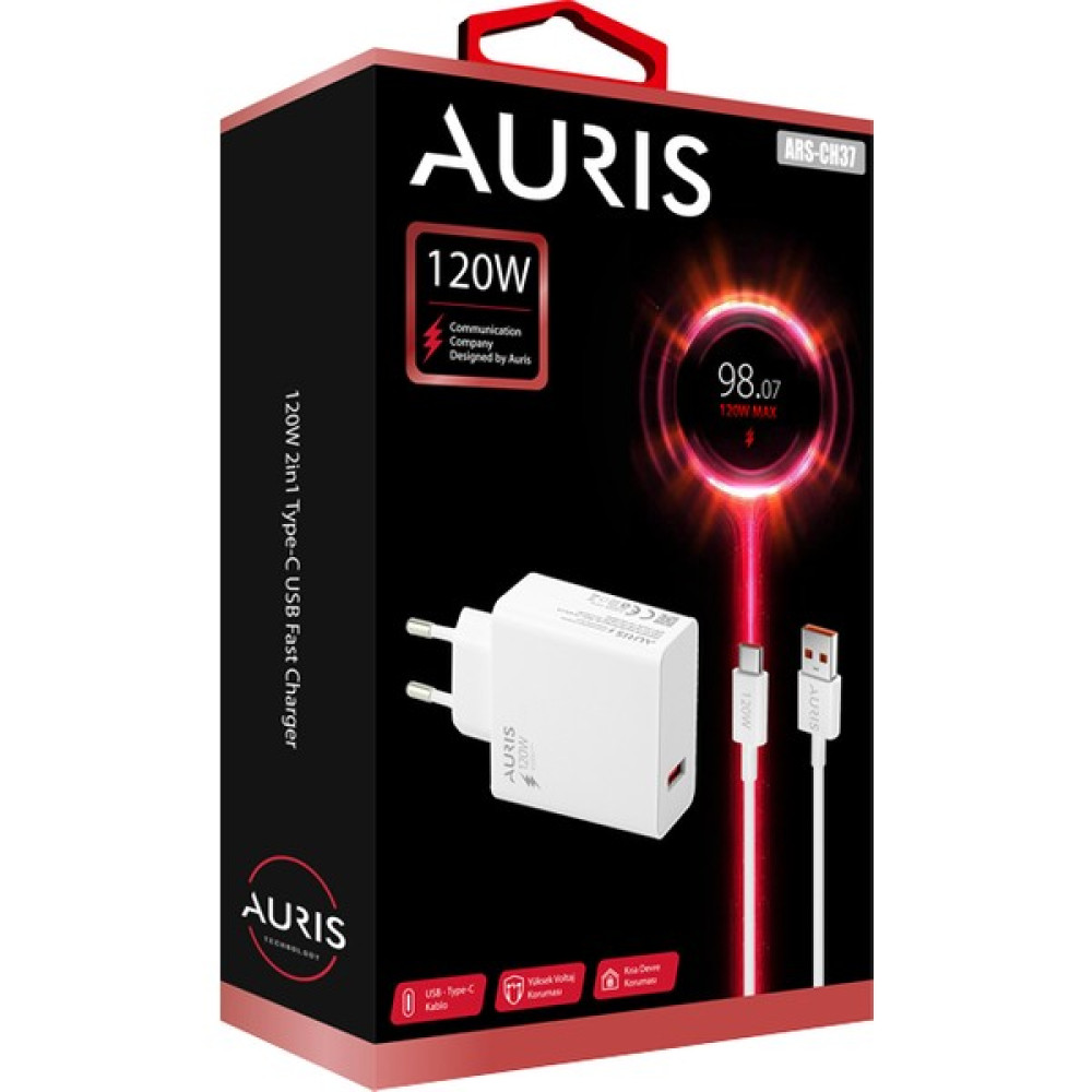 Auris 120W USB Type-C Şarj Saliseli Ultra Süper Hızlı USB Başlık ve Type-C Kablo Seti - Siyah Cep Telefonu Şarj Cihazı Fiyatı
