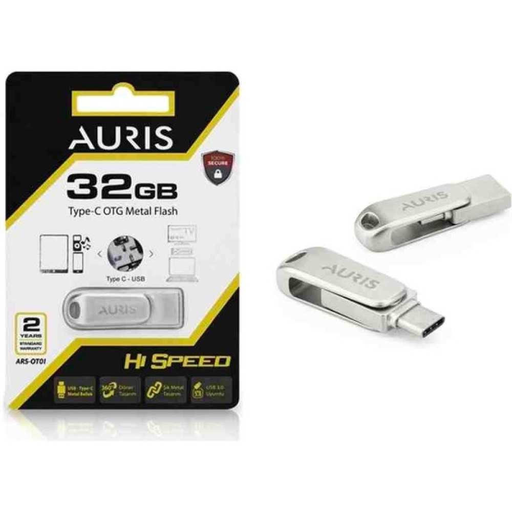 Auris 32Gb.Type-C ve USB 3.0 USB Flash Bellek Otg Çift Girişli Metal Sağlam Orjinal - Gri Flash Bellekler Fiyatı