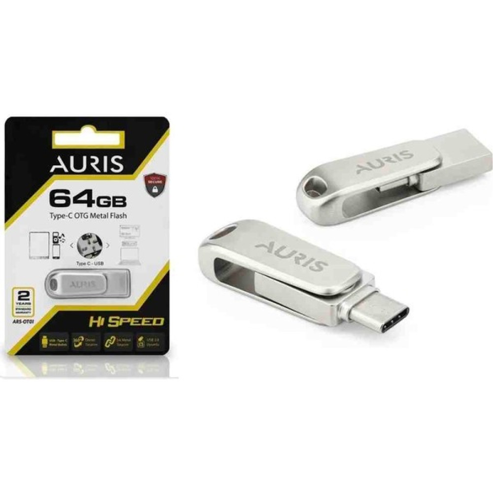 Auris 64Gb.Type-C ve USB 3.0 USB Flash Bellek Otg Çift Girişli Metal Sağlam Orjinal - Gri Flash Bellekler Fiyatı