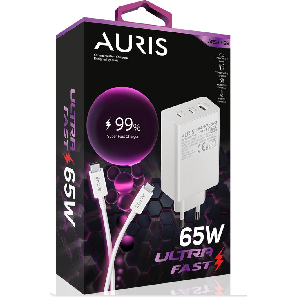 Auris 65 Watt Şarj Cihazı USB + USB C 3 Port Giriş Type C To Type C Şarj Kablosu Ultra Fast 65W Şarj Aleti Seti - Beyaz Bilgisayar Çevirici ve Adaptörü Fiyatı