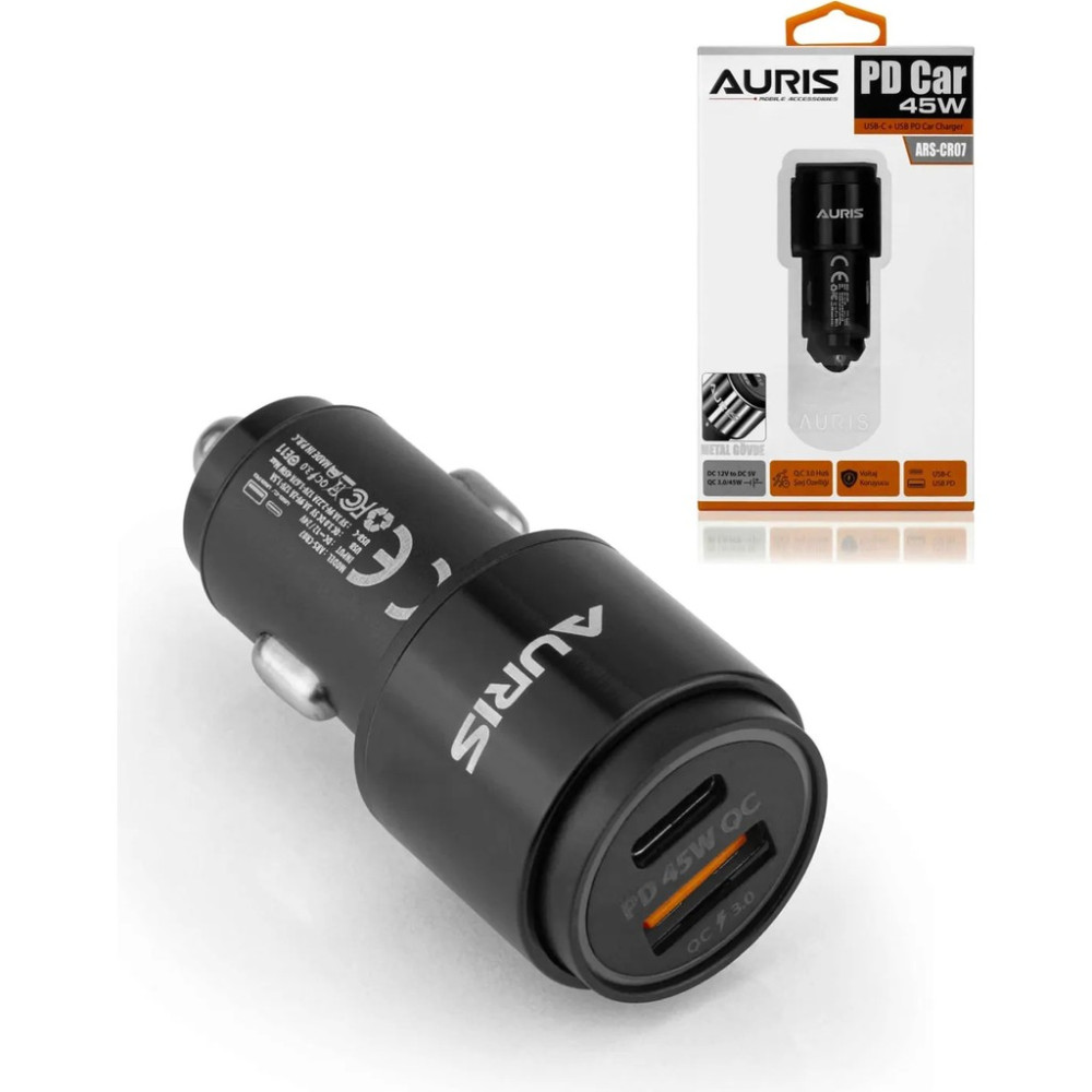 Auris Araç Şarj Cihazı Hızlı Şarj Özellikli Oto Çakmaklık Şarjı 45 Watt Hızlı Şarj Qc 3.0 Usb+Usbc ARS07 - Siyah Cep Telefonu Şarj Cihazı Fiyatı