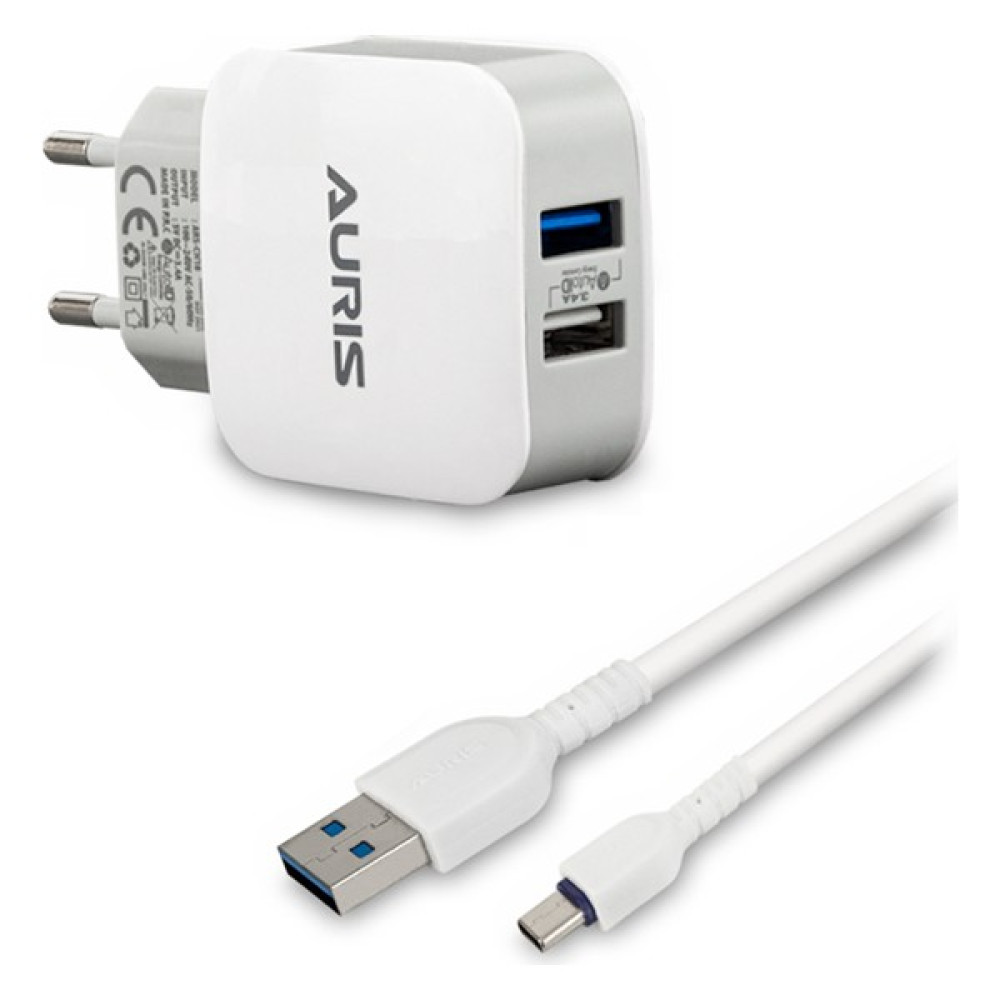 Auris Type-C Kablo ve Adaptör Şarj Seti 3.4A Çift USB Hızlı Şarj Teknolojisi ARS-CH18 - Beyaz Cep Telefonu Şarj Cihazı Fiyatı