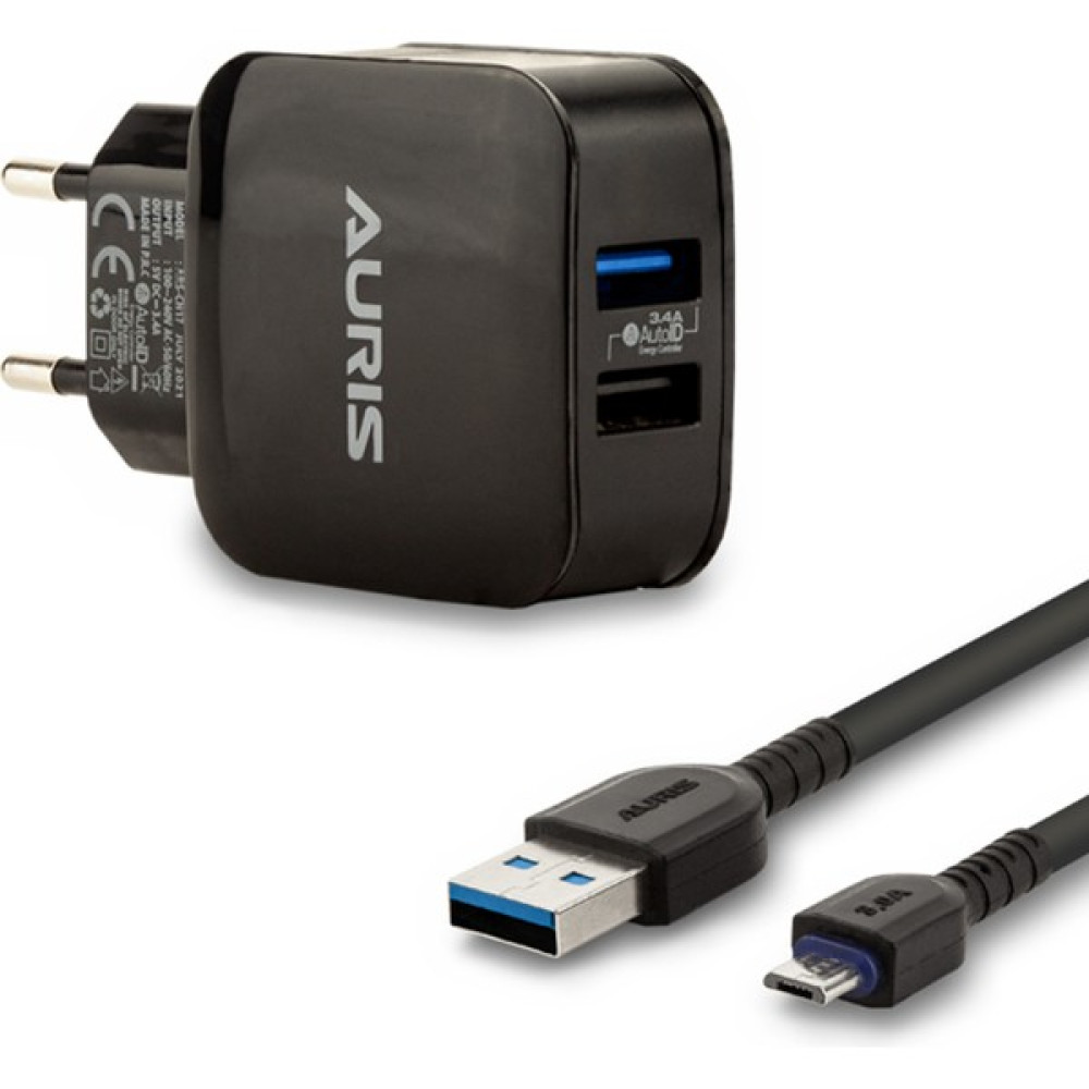 Auris Type-C Kablo ve Adaptör Şarj Seti 3.4A Çift USB Hızlı Şarj Teknolojisi ARS-CH18 - Siyah Cep Telefonu Şarj Cihazı Fiyatı