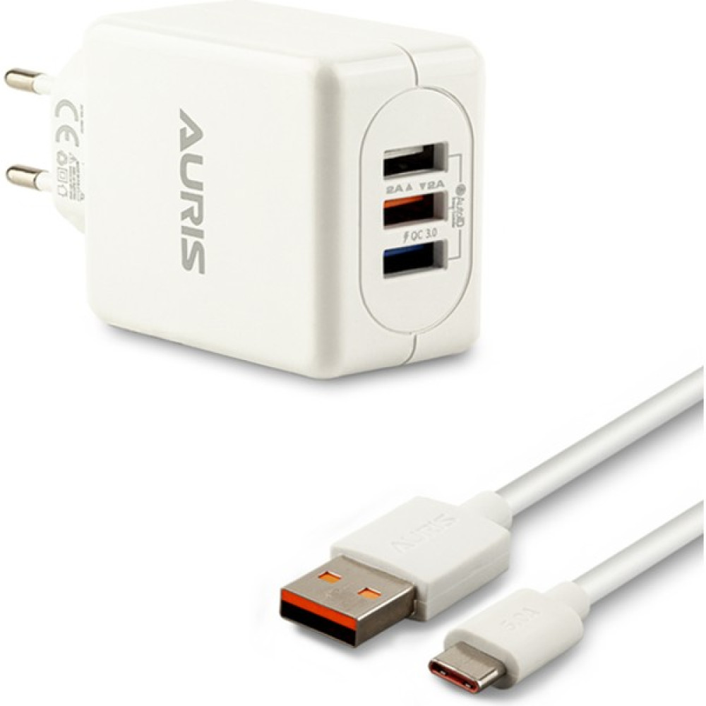 Auris Type-C Kablo ve Adaptör Şarj Seti 5A 30W 3x USB Girişi Q.c 3.0 Hızlı Şarj Teknolojisi ARS-CH27 - Beyaz Cep Telefonu Şarj Cihazı Fiyatı