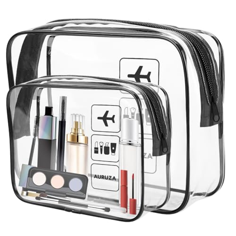 AURUZA 2 Pack TSA Approved Toiletry Bag, Clear Makeup Bag,Travel Cosmetic Bag with Zipper,Clear Organizer Carry on Bag for Women,PVC Cosmetic Pouch for Airport Airline Compliant (Black)
