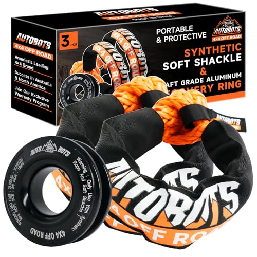 AUTOBOTS Synthetic Soft Shackle Recovery Kit(2pk),3/4in X 24in Soft Shackle 66200lbs Max Break Strength + 1 Snatch Recovery Ring Tow Shackles for UTV,ATV,Trucks,Off-Road Vehicles