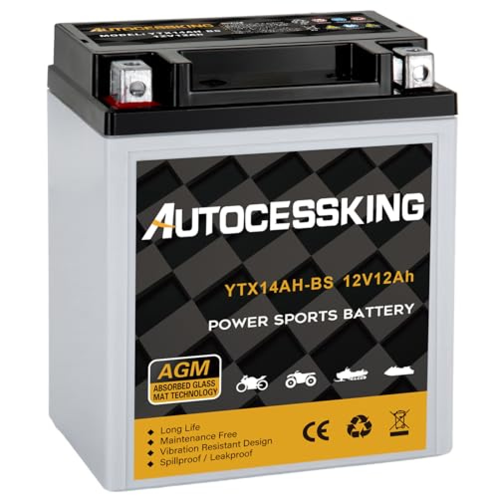 Autocessking YTX14AH-BS 12V 12Ah Battery, Rechargeable Sealed AGM Battery Maintenance Free Powersport Replacement Battery for Motorcycle, ATV and Scooter