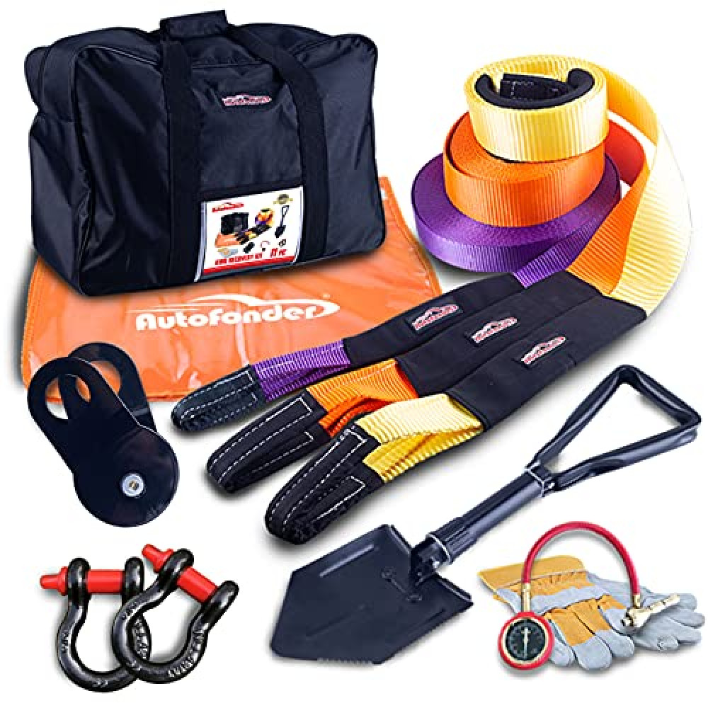 Autofonder 11Pcs Recovery Gear Offroad 4x4 kit-3 Pk Snatch Straps+2 D-Shackles+Snatch Block+Folding Survival Shovel+Tire Deflator+ Leather Gloves+Winch Dampener +Gear Bag- Tow Strap Recovery Set