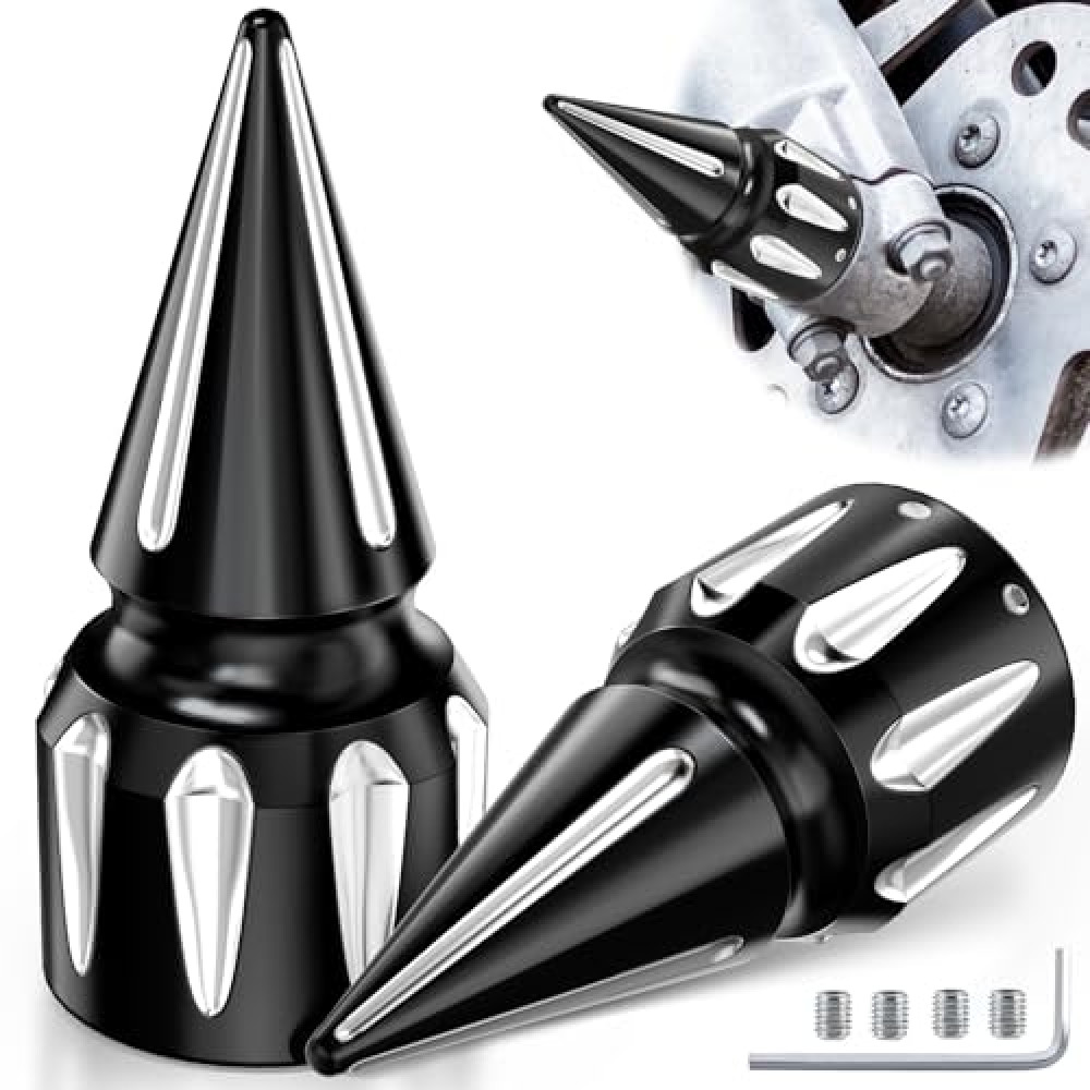 AUTOJDM 3.6"Motorcycle Chrome Front Axle Nut Covers,CNC Left&Right Spike Fron Axle Nut Caps Compatible with Harley Touring Sportster Dyna Softail Street Tri Glide Road King Electra Fat Boy (Black)