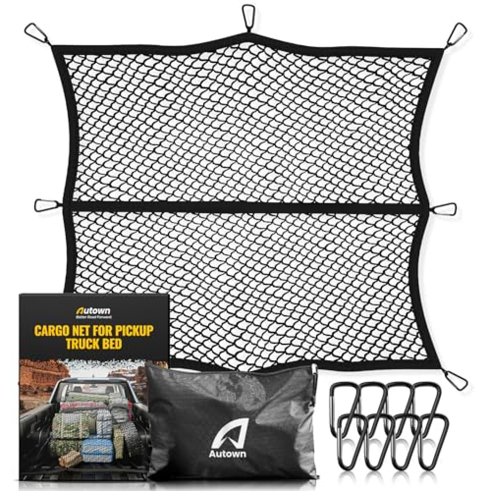 AUTOWN Cargo Net for Pickup Truck Bed - Stretchable 4'x4' to 7'x7', High Elastic Fine Mesh 1''x1'' with 8 Metal Carabiners - Ideal for ATV, SUV, UTV, Truck and Boat Use (Single Layer)