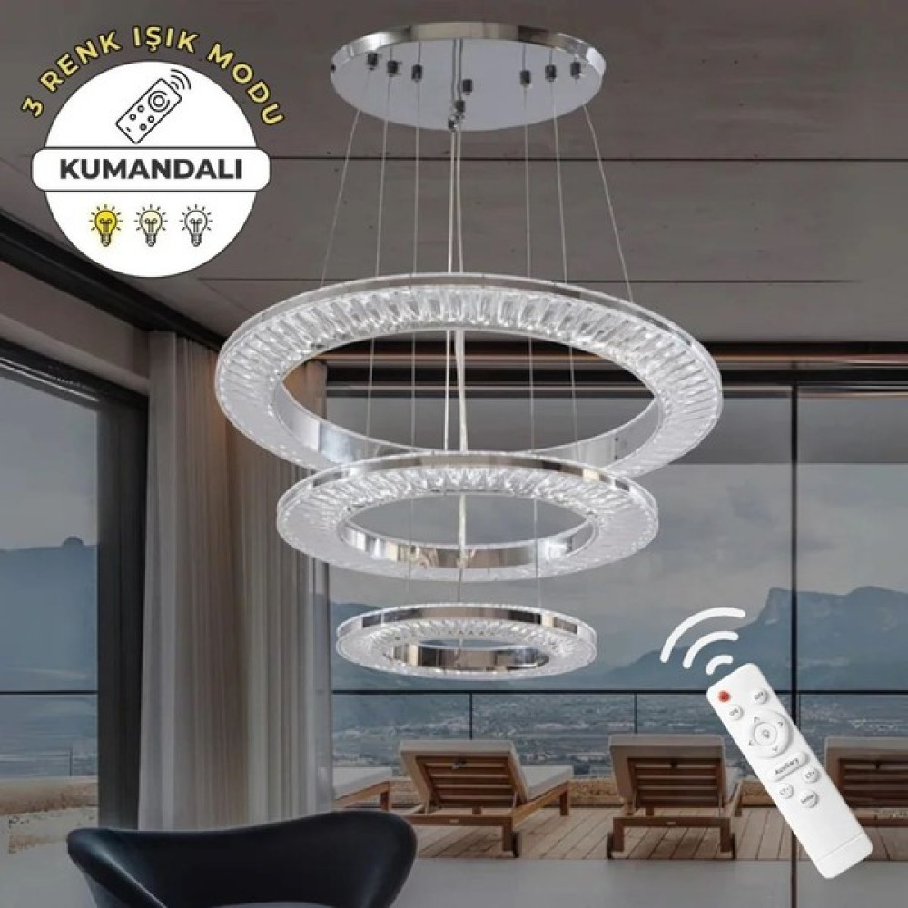 Avangart Krom 3'lü Lüks Uzaktan Kumandalı Dimmerli 3 Renk Ledli Avize Salon Avizesi Avize Fiyatı