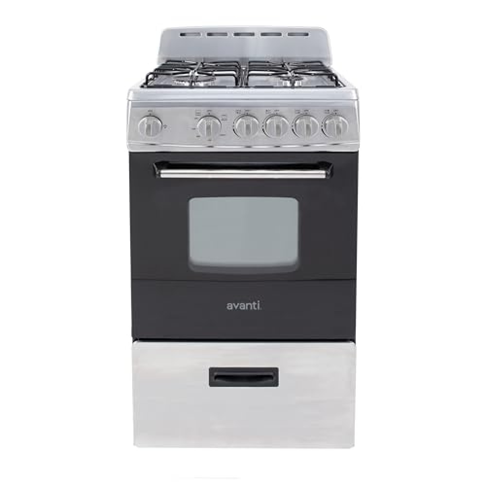 Avanti GR2013CSS Gas Range Oven Compact Freestanding Design, 4 Sealed Burners with Electronic Ignition, 2.1 Cu.Ft. Capacity Features Storage Drawer Broiler and Accessories, 20-Inch, Black