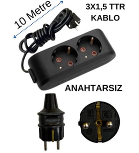 Avarson (2/'li) Ikili Priz Topraklı Kablolu Siyah (3x1,5 Ttr) 10 (On) Metre Prizler Fiyatı