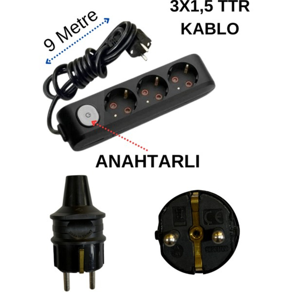Avarson (3/'lü) Üçlü Priz Topraklı Anahtarlı Kablolu Siyah (3x1,5 Ttr) 9 (Dokuz) Metre Oto Boyaları Fiyatı