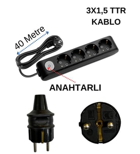 Avarson (4/'lü) Dörtlü Priz Topraklı Anahtarlı Kablolu Siyah (3x1,5 Ttr) 40 (Kırk) Metre Prizler Fiyatı