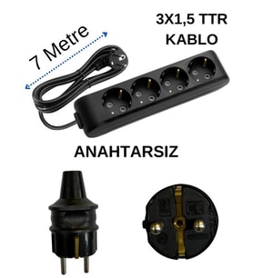 Avarson (4/'lü) Dörtlü Priz Topraklı Kablolu Siyah (3x1,5 Ttr) 7 (Yedi) Metre Prizler Fiyatı