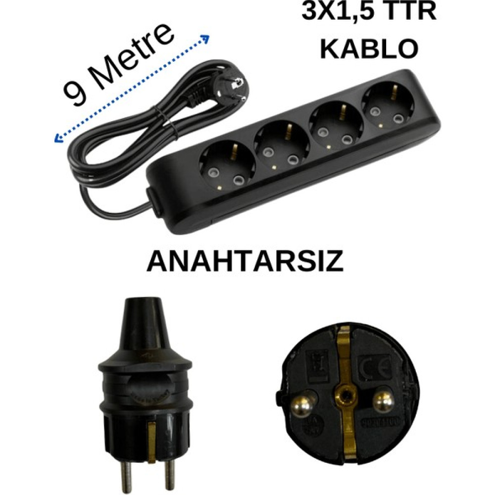 Avarson (4/'lü) Dörtlü Priz Topraklı Kablolu Siyah (3x1,5 Ttr) 9 (Dokuz) Metre Oto Boyaları Fiyatı