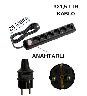 Avarson (6/'lı) Altılı Priz Topraklı Anahtarlı Kablolu Siyah (3x1,5 Ttr) 25 (Yirmi Beş) Metre Prizler Fiyatı