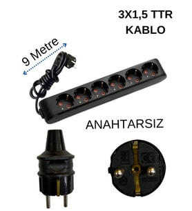 Avarson (6/'lı) Altılı Priz Topraklı Kablolu Siyah (3x1,5 Ttr) 9 (Dokuz) Metre Prizler Fiyatı