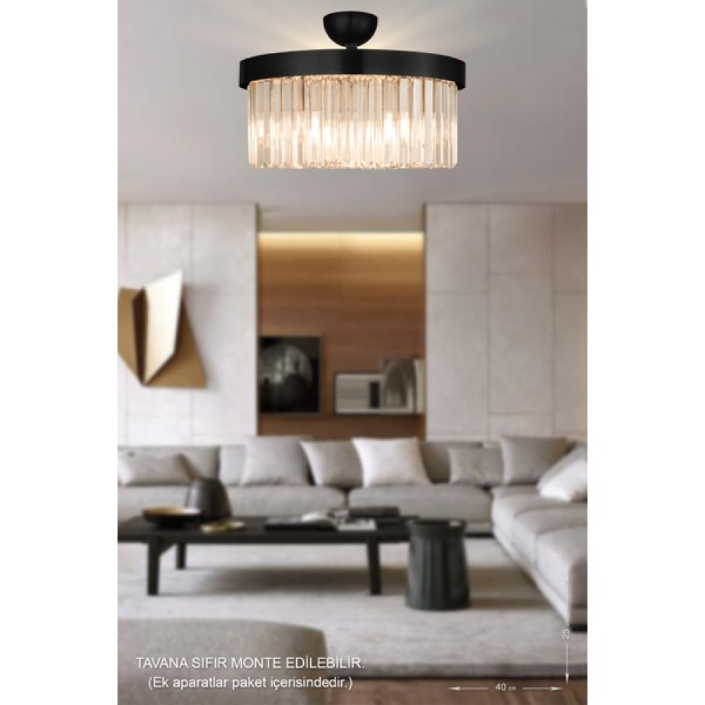 Avize Moda Avizemoda Desina 40'lık Kristal Taşlı Lüks Avize - (Siyah) PY-300-40 - Siyah - 7'li Avize Fiyatı