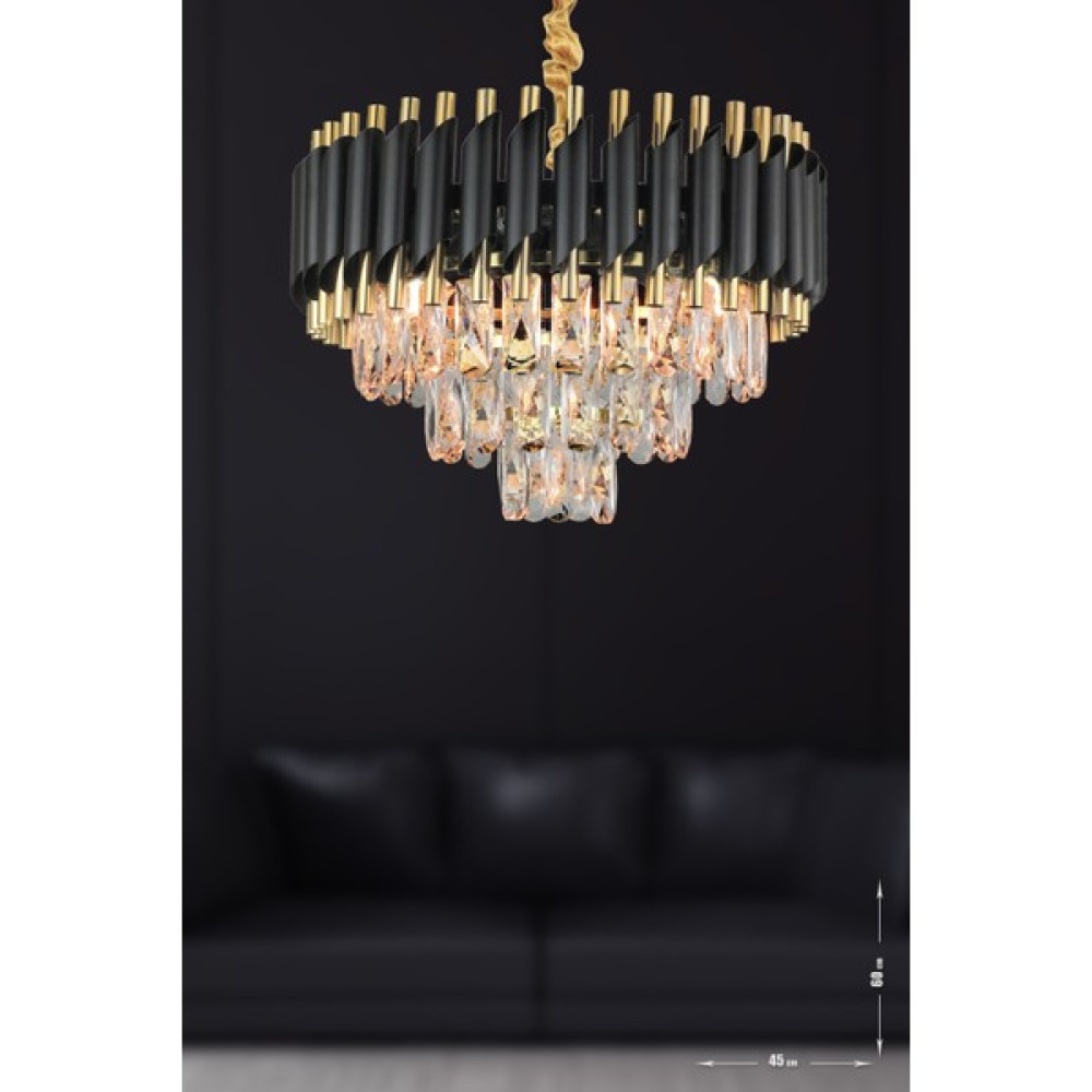 Avize Moda Avizemoda Palmira 45'lik Prizma Kesim Kristal Taşlı Lüks Avize - (Siyah-Gold) - Siyah - Gold - 4'lü Avize Fiyatı