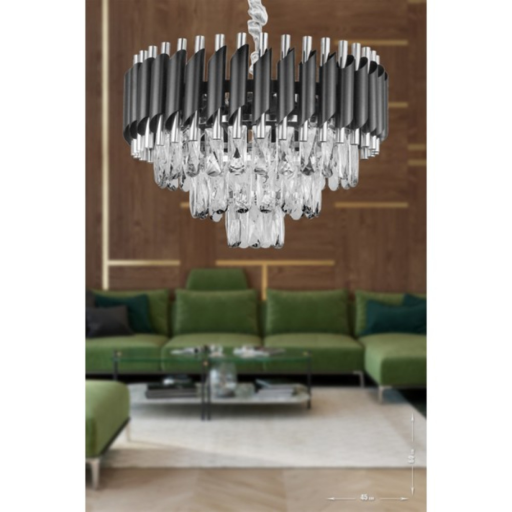 Avize Moda Avizemoda Palmira 45'lik Prizma Kesim Kristal Taşlı Lüks Avize - (Siyah-Krom) - Siyah - 4'lü Avize Fiyatı