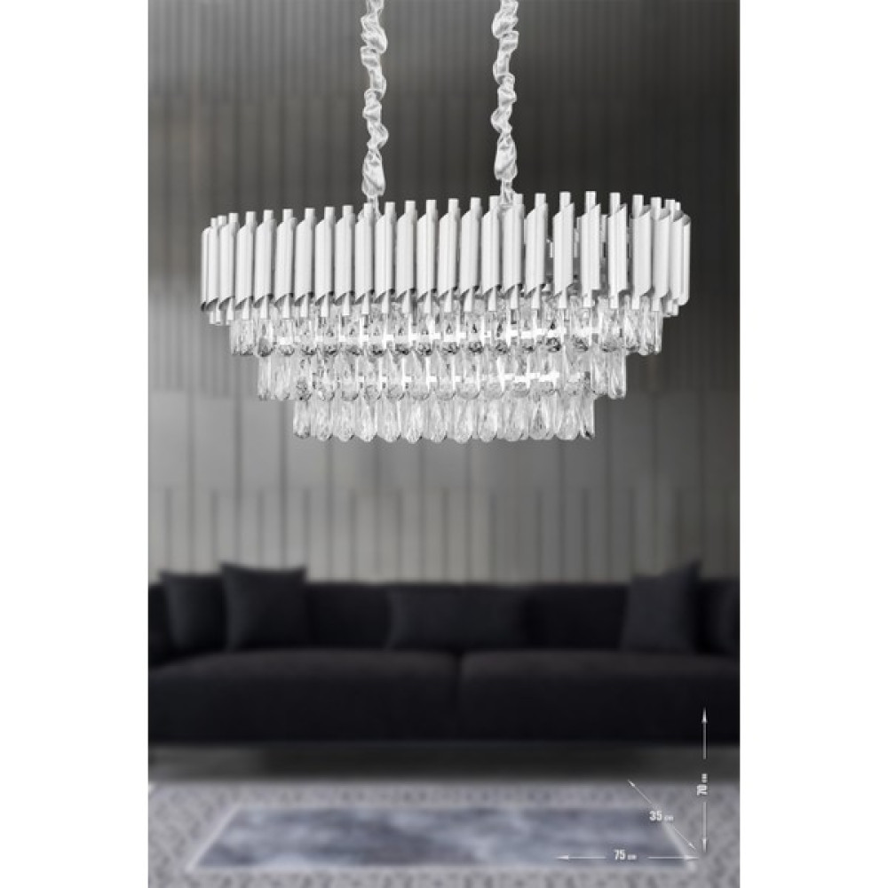 Avize Moda Avizemoda Palmira 75X35 Cm'lik 3 Katlı Prizma Kesim Kristal Taşlı Lüks Avize 6'lı - (Gümüş-Yaldız) - Gümüş Yaldız Avize Fiyatı