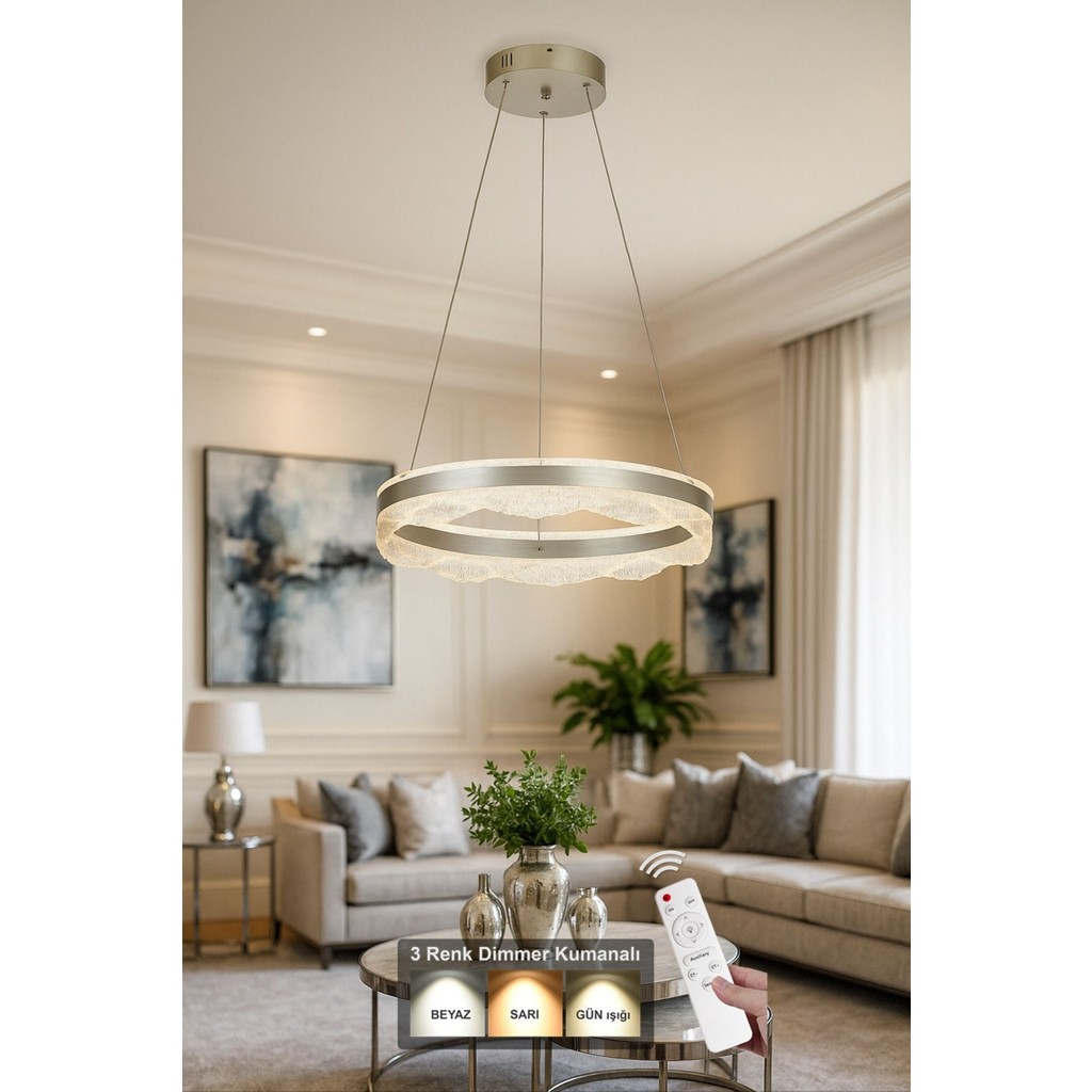 Avizemoda Estilo 50 cm Dimmer Kumandalı 3 Renk Ledli (Sarı-Beyaz-Gün Işığı) Modern Akrilik Avize - Gümüş - Gümüş Yaldız - 1 Avize Fiyatı