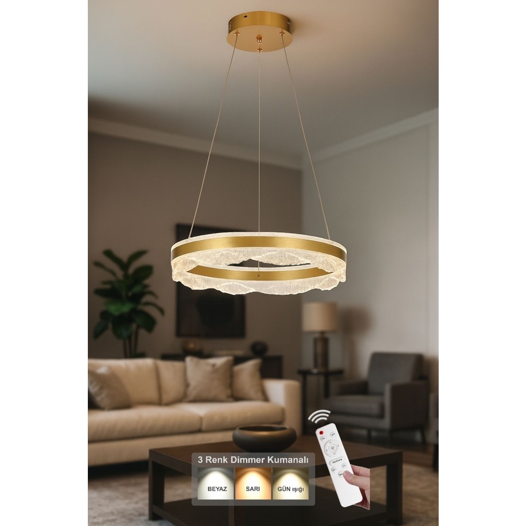 Avizemoda Estilo 50 cm Dimmer Kumandalı 3 Renk Ledli (Sarı-Beyaz-Gün Işığı) Modern Akrilik Avize - Sarı Yaldız - 1 Avize Fiyatı