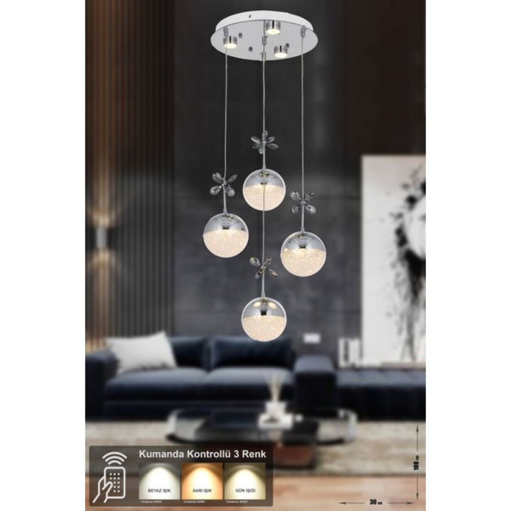 Avizemoda Forde 4'lü Power Ledli Kumandalı Modern Sarkıt Avize - 4 - Krom Avize Fiyatı