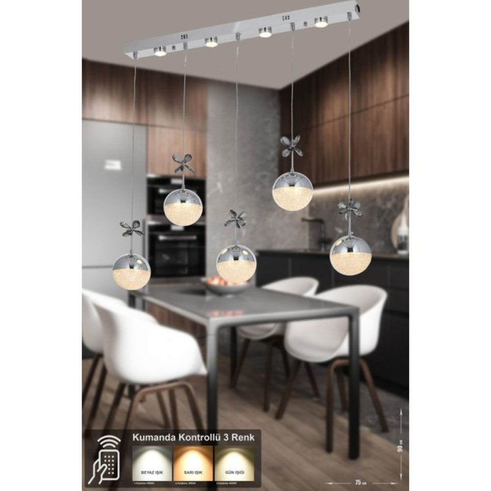 Avizemoda Forde 5'li Power Ledli Kumandalı Modern Yemek Masası Üstü Avize, (3 Renk: Sarı-Beyaz-Gün Işığı -Krom) - 5 - Krom Avize Fiyatı