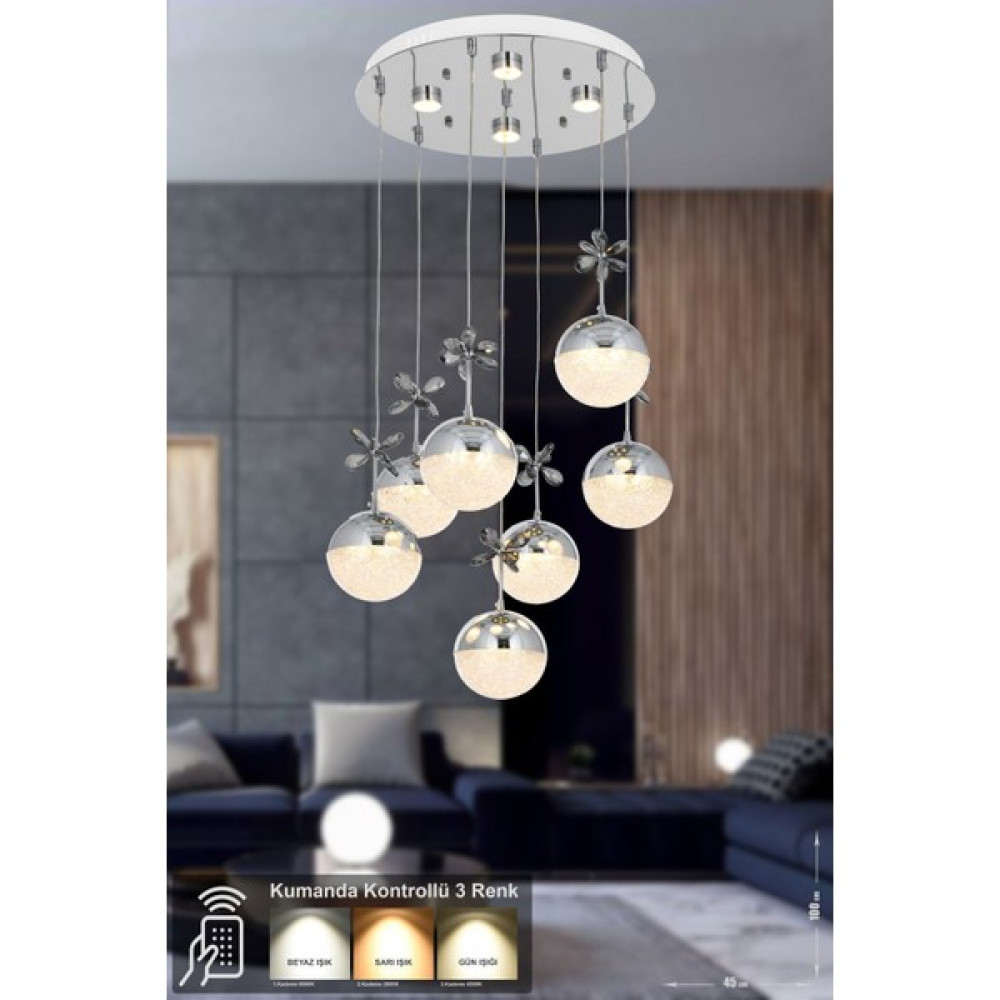 Avizemoda Forde 7'li Power Ledli Kumandalı Modern Lüks Sarkıt Avize, (3 Renk: Sarı-Beyaz-Gün Işığı - Krom) - 7 - Krom Avize Fiyatı