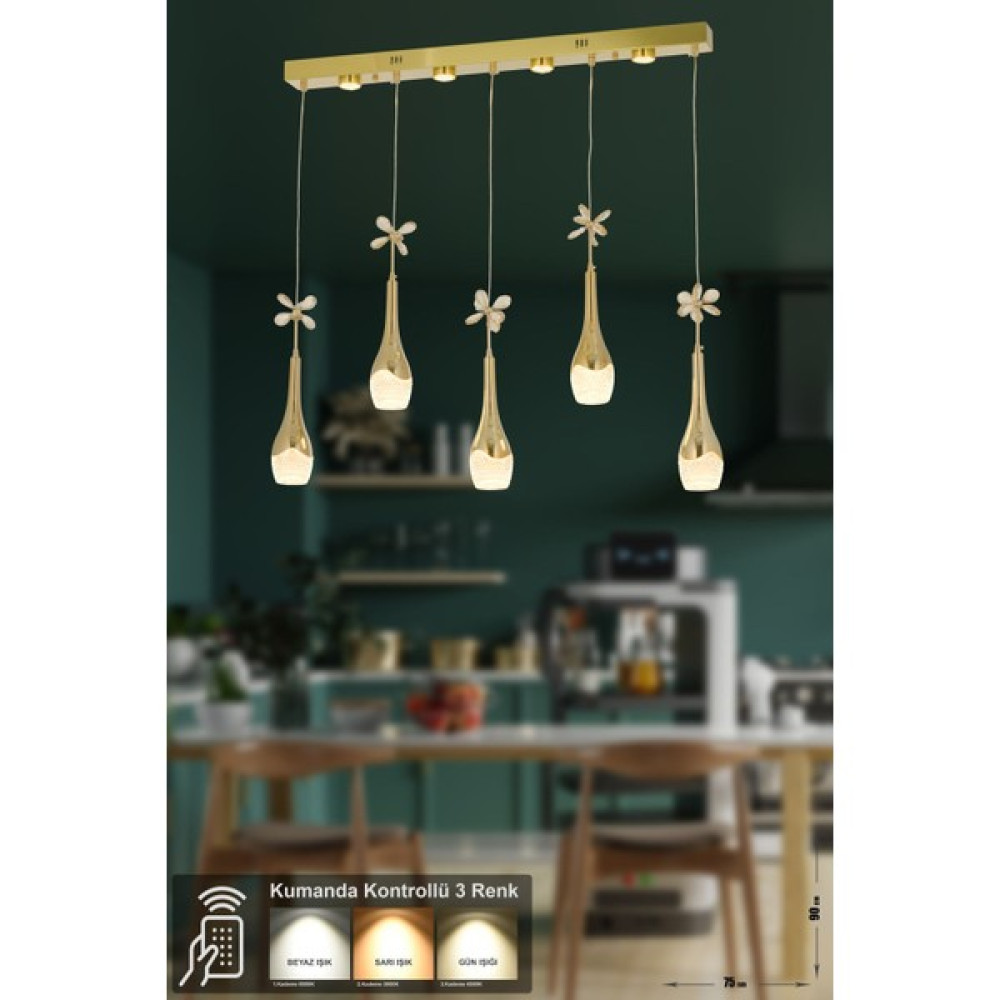 Avizemoda Lale 5'li Power Ledli Kumandalı Modern Avize - 5 - Gold Avize Fiyatı