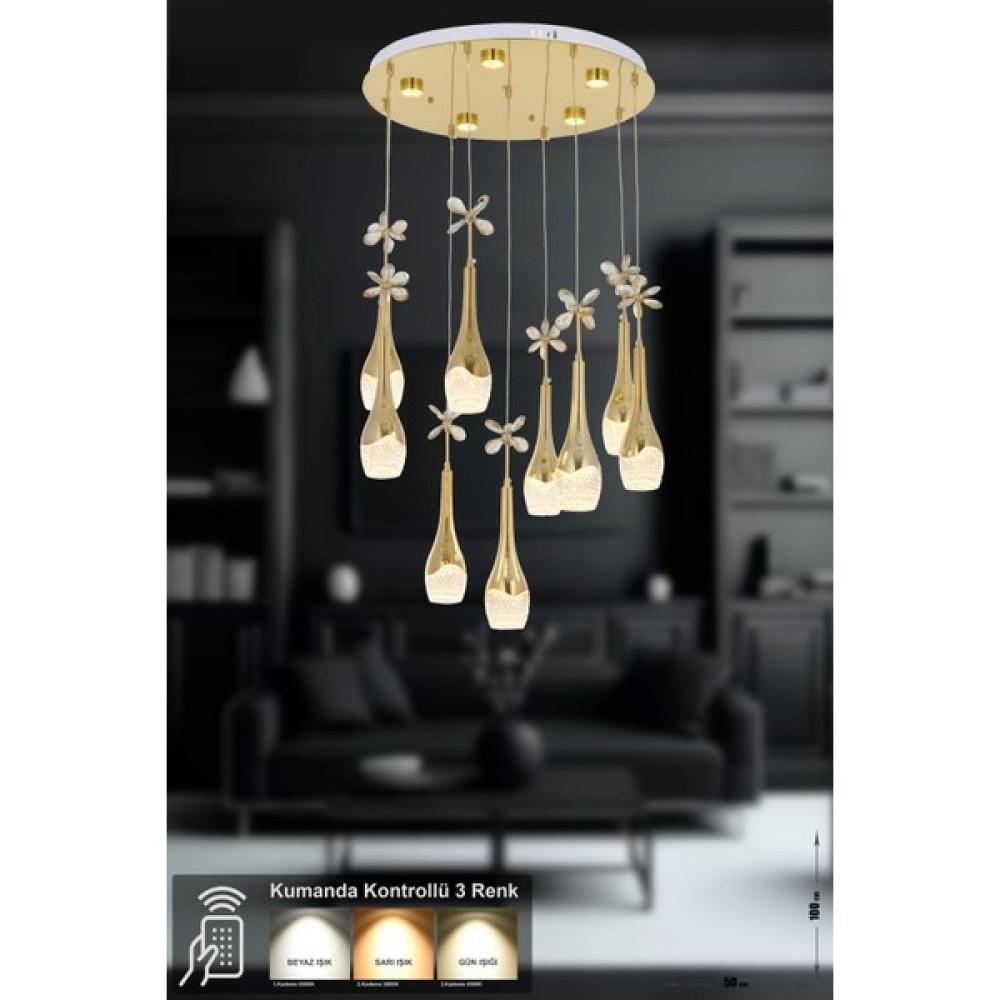 Avizemoda Lale 9'lu Power Ledli Kumandalı Modern Sarkıt Avize - 9 - Gold Avize Fiyatı