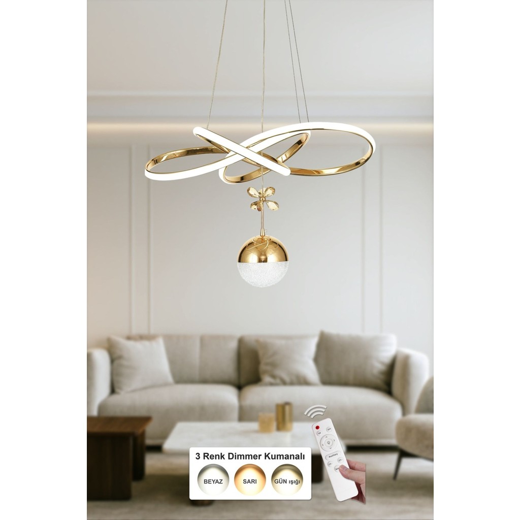 Avizemoda Larin Tekli Dimmer Kumandalı 3 Renk Ledli (Sarı-Beyaz-Gün Işığı) Modern Sarkıt Avize - Gold - 2 Avize Fiyatı