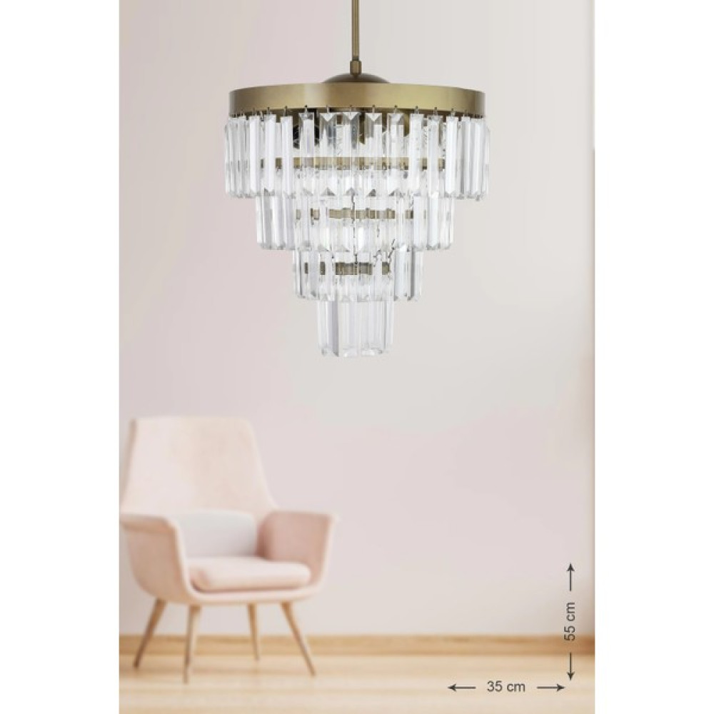 Avizemoda Linsa 35 Cm'lik Kristal Cam Taşlı Lüks Avize - (Eskitme Renk) - Eskitme - 3'lü Avize Fiyatı