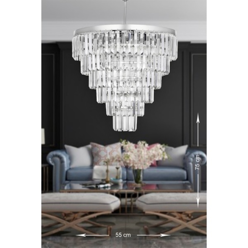 Avizemoda Linsa 55 Cm'lik Kristal Cam Taşlı Lüks Avize - (Gümüş Yaldız) - 5'li - Gümüş Yaldız Avize Fiyatı