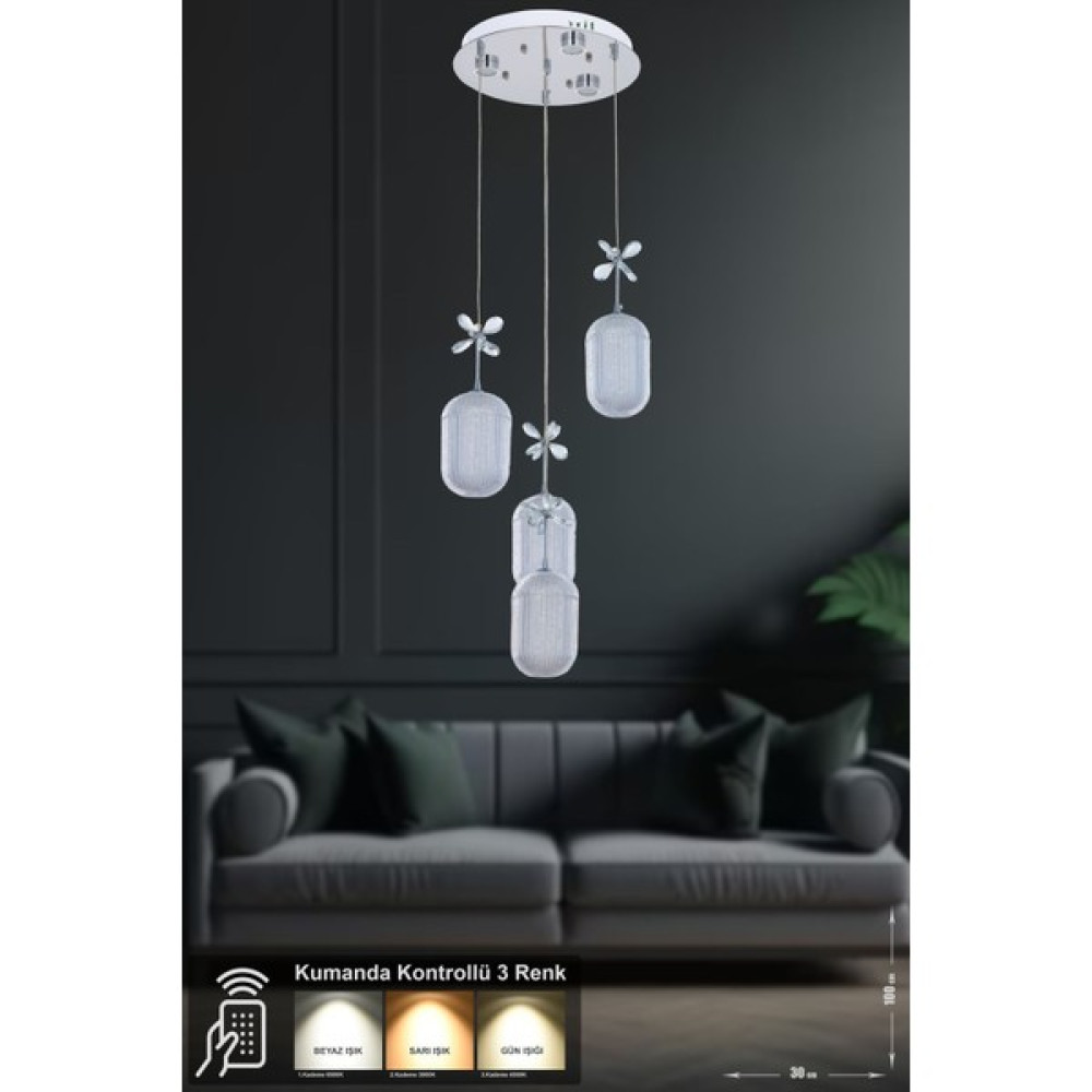 Avizemoda Motta 4'lü Power Ledli Kumandalı Modern Sarkıt Avize - 4 - Krom Avize Fiyatı