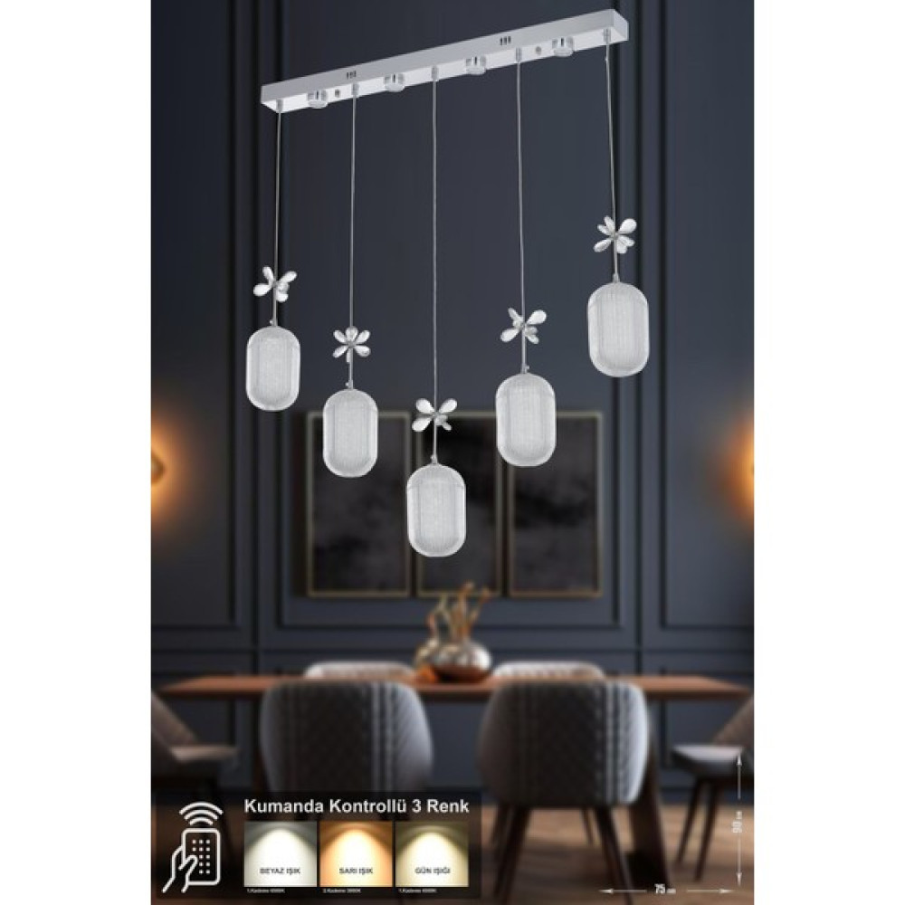 Avizemoda Motta 5'li Power Ledli Kumandalı Modern Avize - 5 - Krom Avize Fiyatı