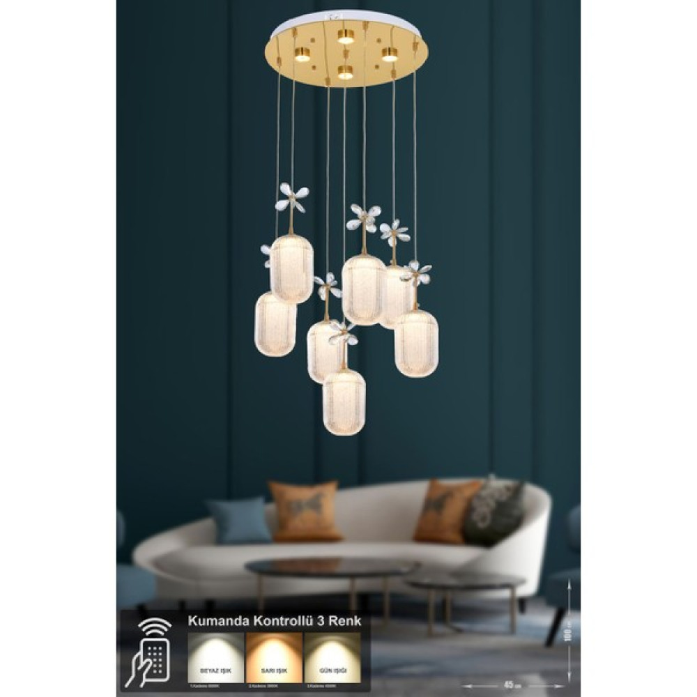 Avizemoda Motta 7'li Power Ledli Kumandalı Modern Sarkıt Avize - 7 - Gold Avize Fiyatı
