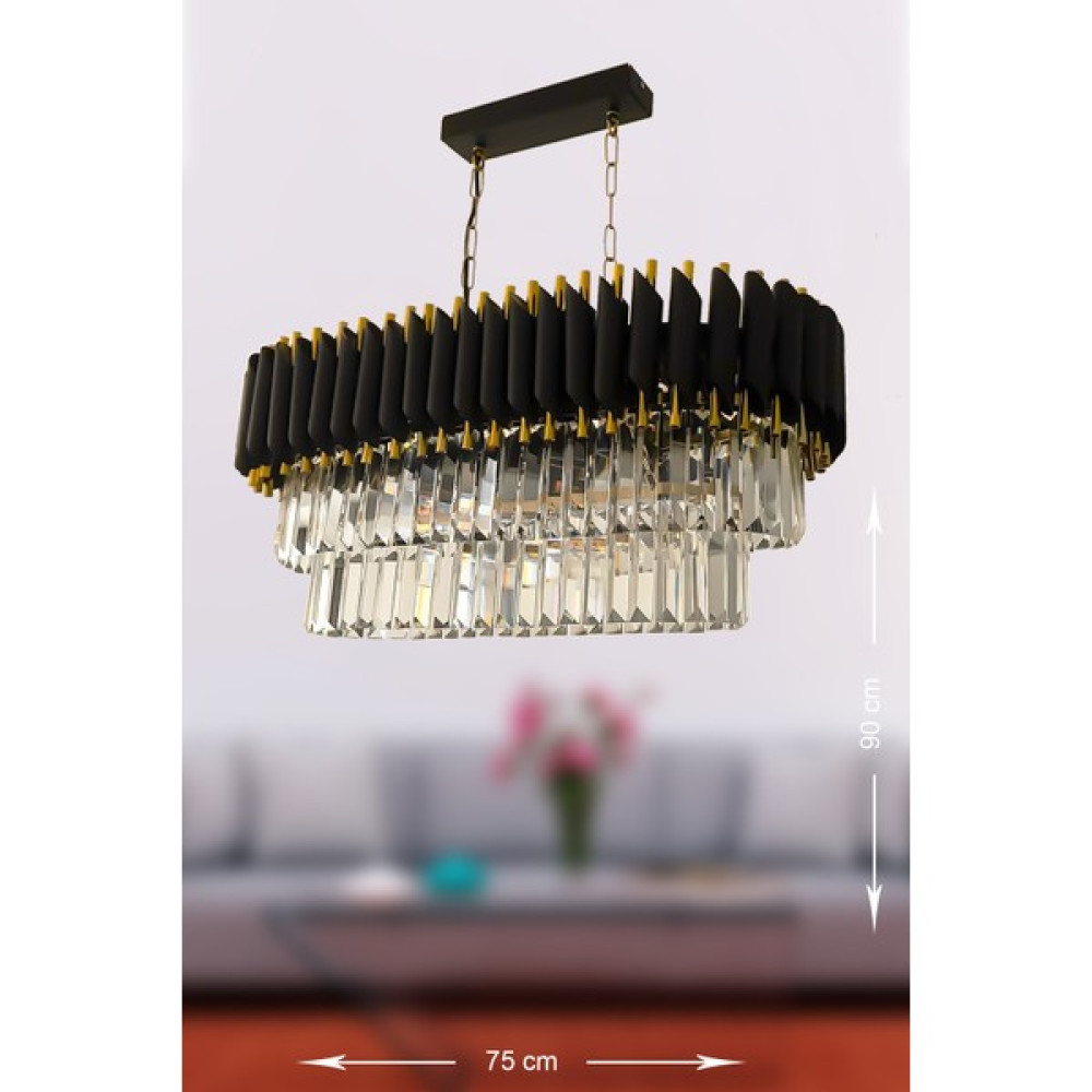 Avizemoda Palmira 75 x 35 cm Kristal Taşlı Lüks Yemek Masası Üstü Avize 6'lı - (Siyah-Gold) - Siyah - Gold Avize Fiyatı