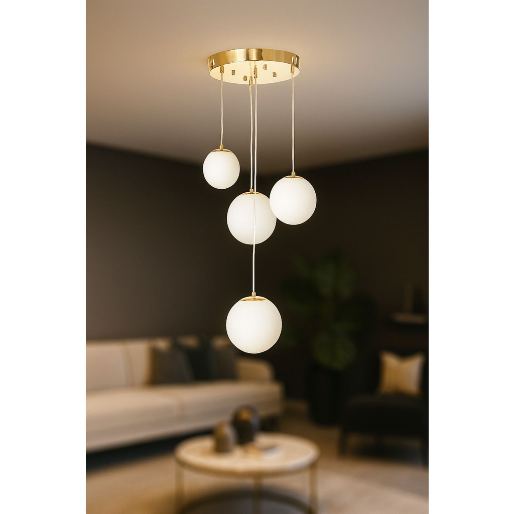 Avizemoda Pigaro 4 lü Beyaz Renk Camlı Salon Oturma Odası Modern Sarkıt Avize - (Gold Kaplama) Avize Fiyatı